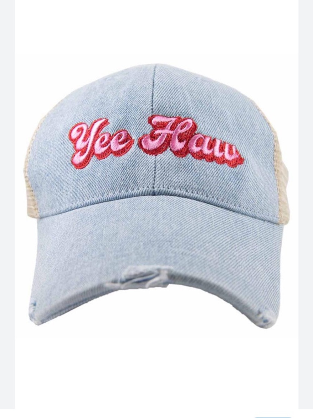 Katydid Light Blue Denim 'Yee Haw' Cap with Pink & Red Embroidery